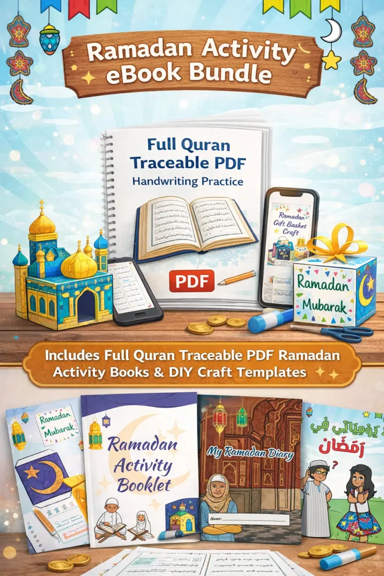 Ramadan Learning Bundle for Kids – Quran Handwriting Practice, 30-Day Worship Tracker & Islamic DIY Crafts (PDF)